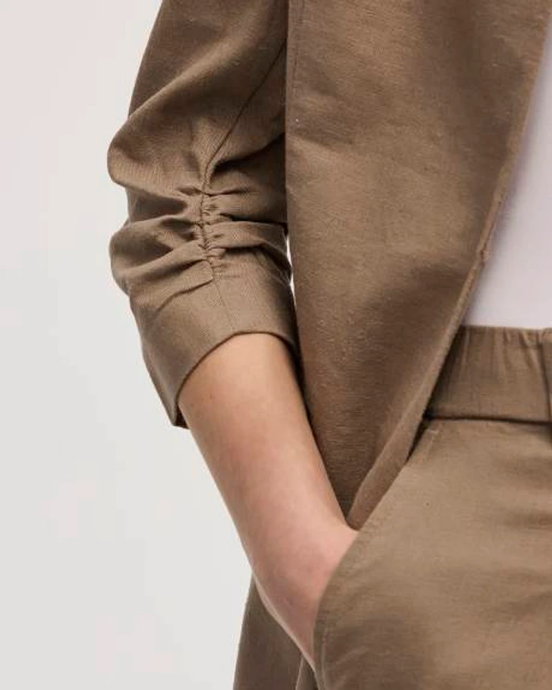 Open Linen Blazer with Ruched Sleeves