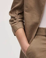 Open Linen Blazer with Ruched Sleeves