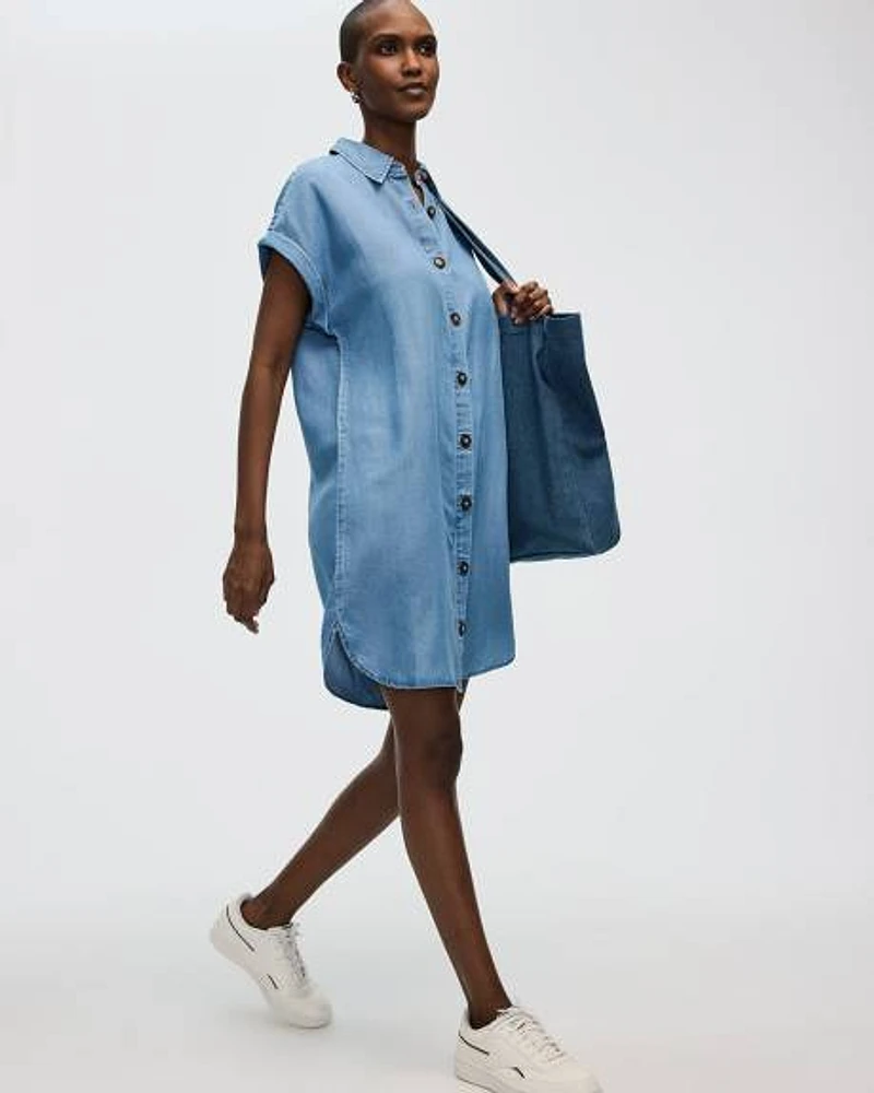 Short-Sleeve Buttoned-Down Dress with Shirt Collar