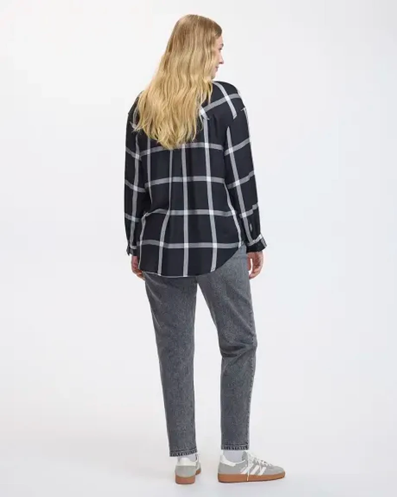 Long-Sleeve Plaid Blouse with Chest Pocket