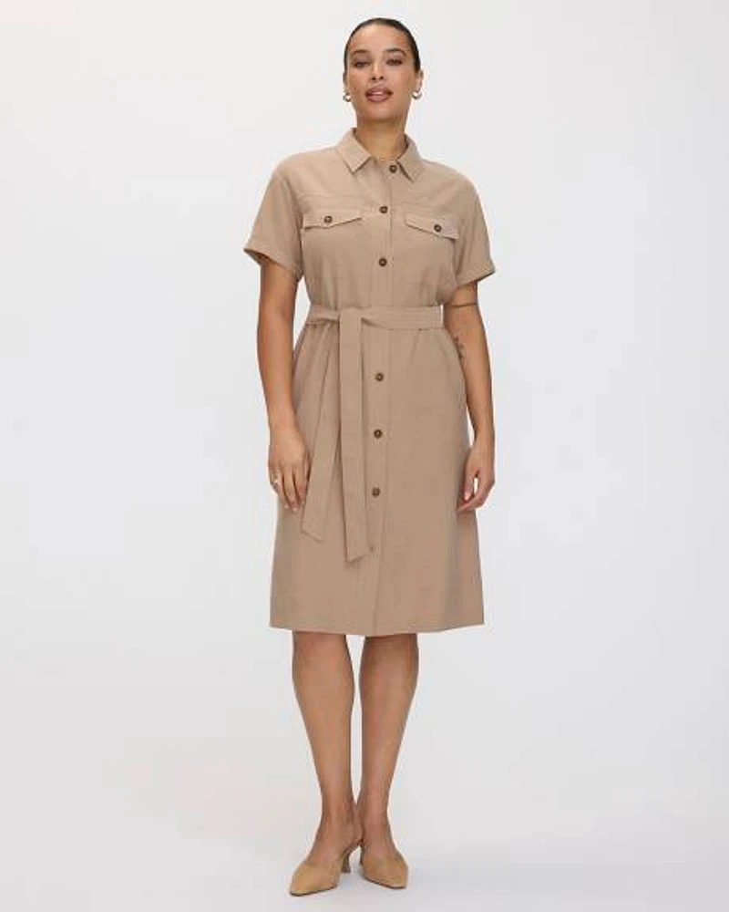 Short-Sleeve Buttoned-Down Dress with Utility Pockets