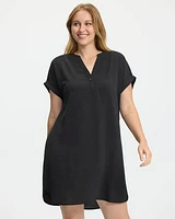 Short-Sleeve Loose Dress with Split Neckline