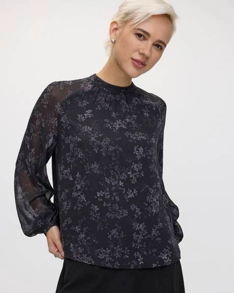 Long-Volume-Sleeve Mock-Neck Blouse