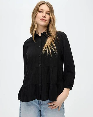 Long-Sleeve Buttoned-Down Peplum Blouse