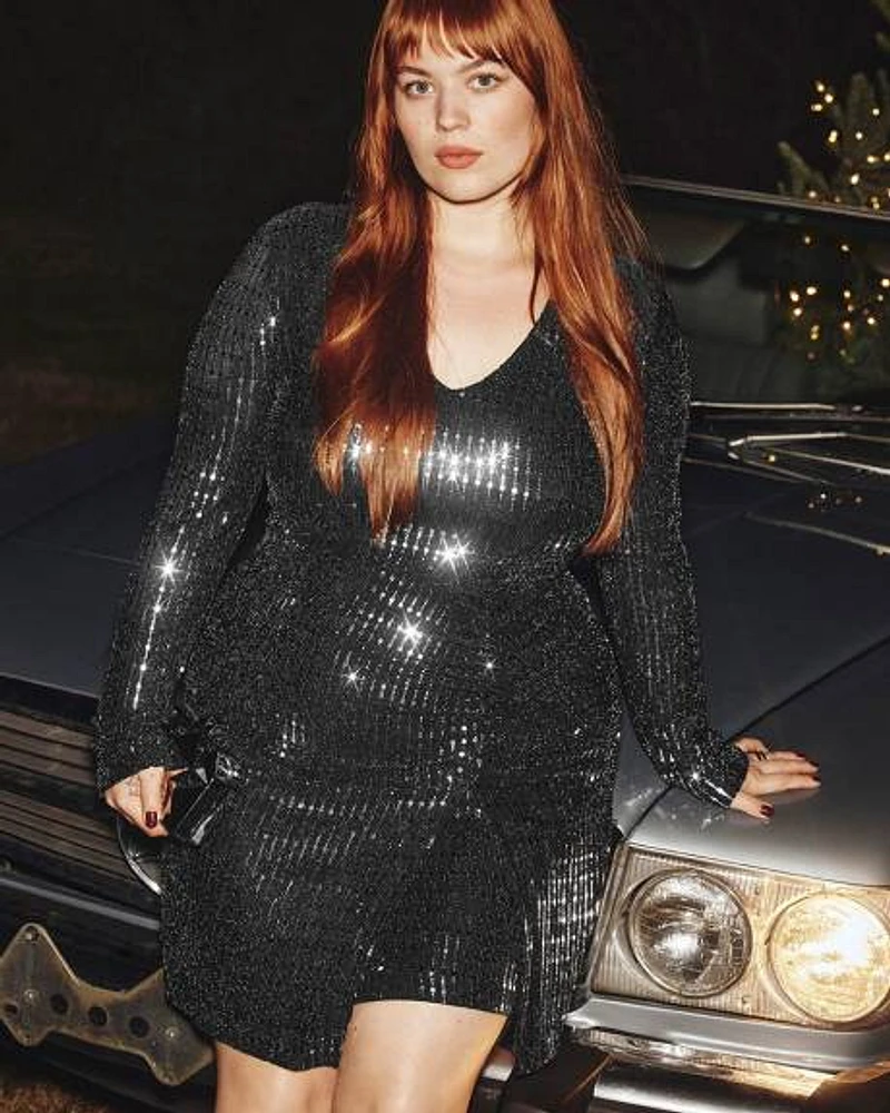 Long-Sleeve V-Neck Metallic Dress with Wrap Detail