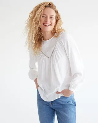 Long-Sleeve Embroidered Blouse with Crew Neckline