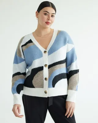 Boxy Long-Sleeve V-Neck Buttoned-Down Cardigan