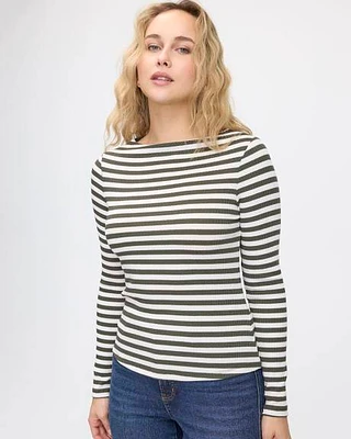 Striped Long-Sleeve Boat-Neck Ribbed Top