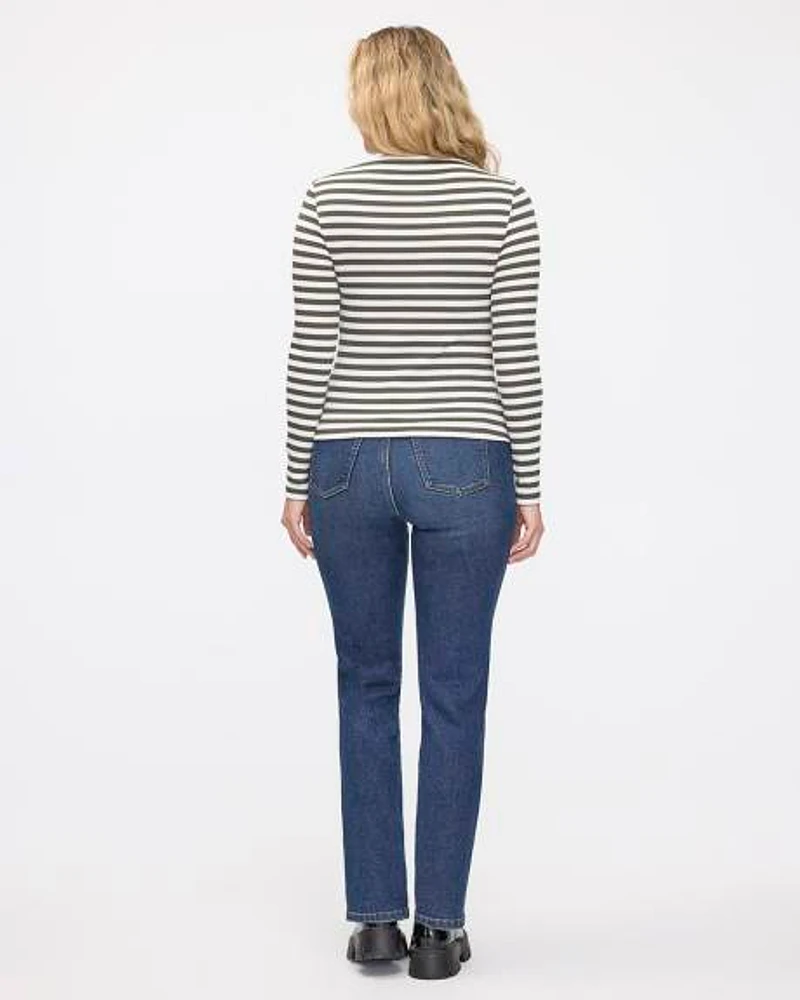 Striped Long-Sleeve Boat-Neck Ribbed Top