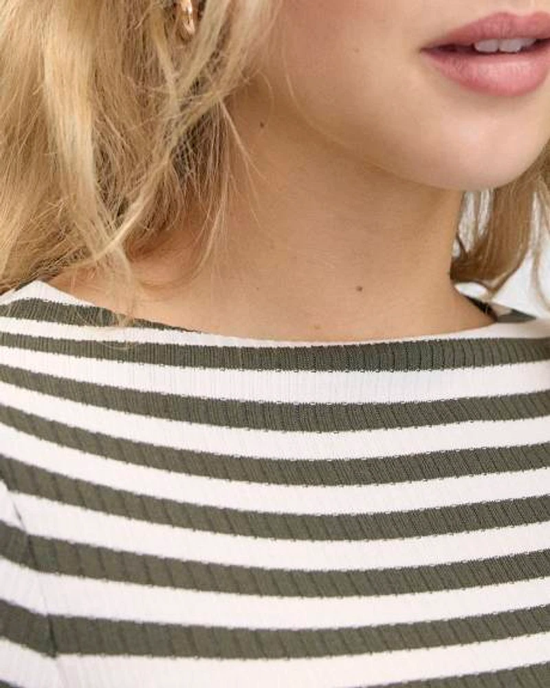 Striped Long-Sleeve Boat-Neck Ribbed Top