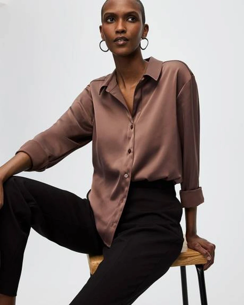 Satin Long-Sleeve Buttoned-Down Blouse