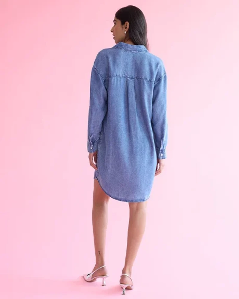 Long-Sleeve Tencel Dress with Shirt Collar