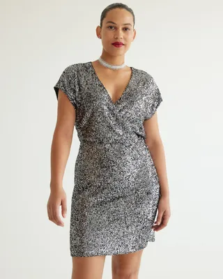 Extended-Sleeve Wrap Sequin Dress