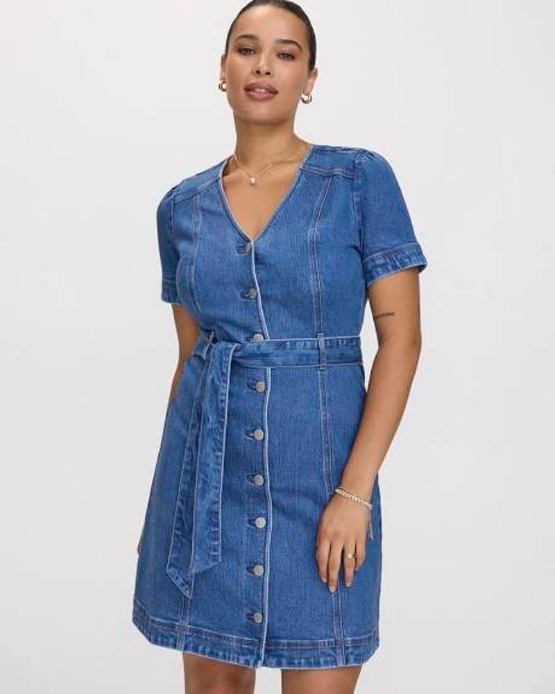 Robe boutonnée cintrée et évasée en denim