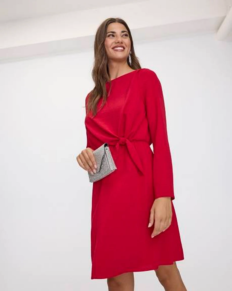 Long-Sleeve Boat-Neck Dress with Knot Detail