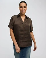 Extended-Sleeve V-Neck Blouse with Shirt Collar