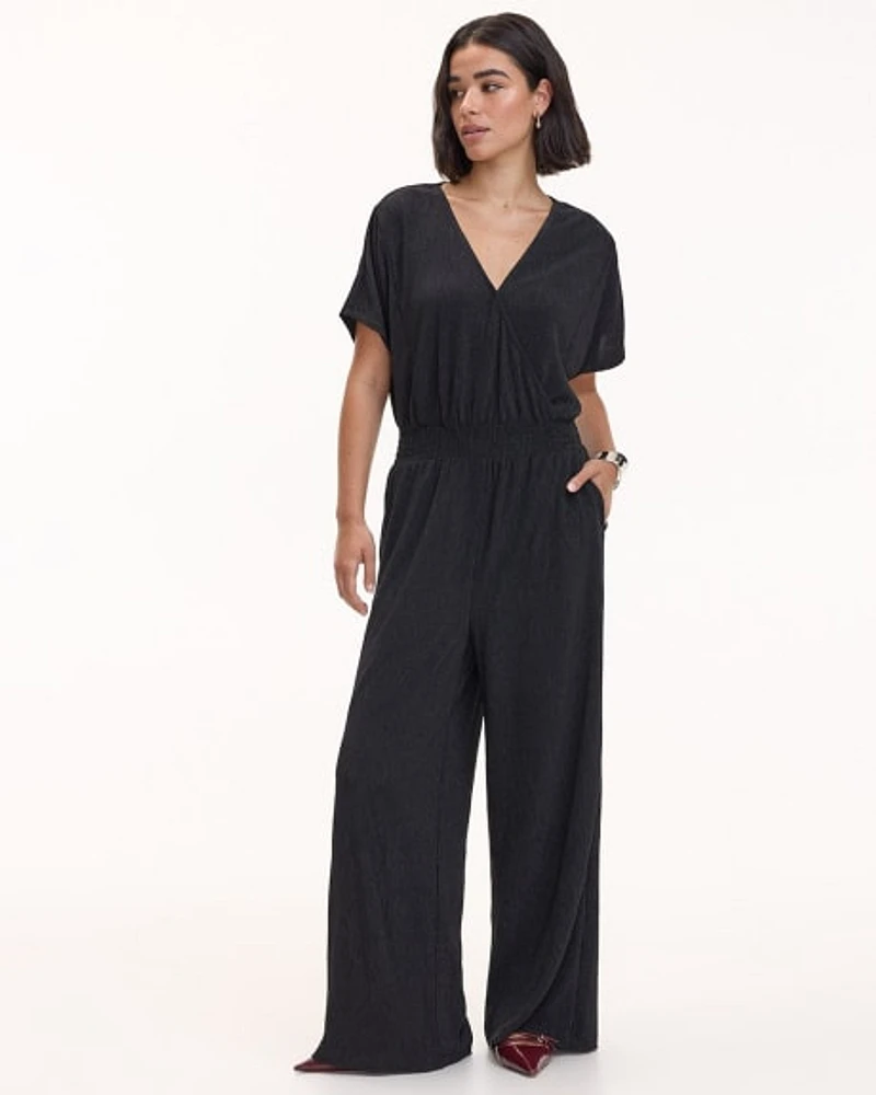 Straight-Leg Short-Sleeve Jumpsuit with Wrap Front