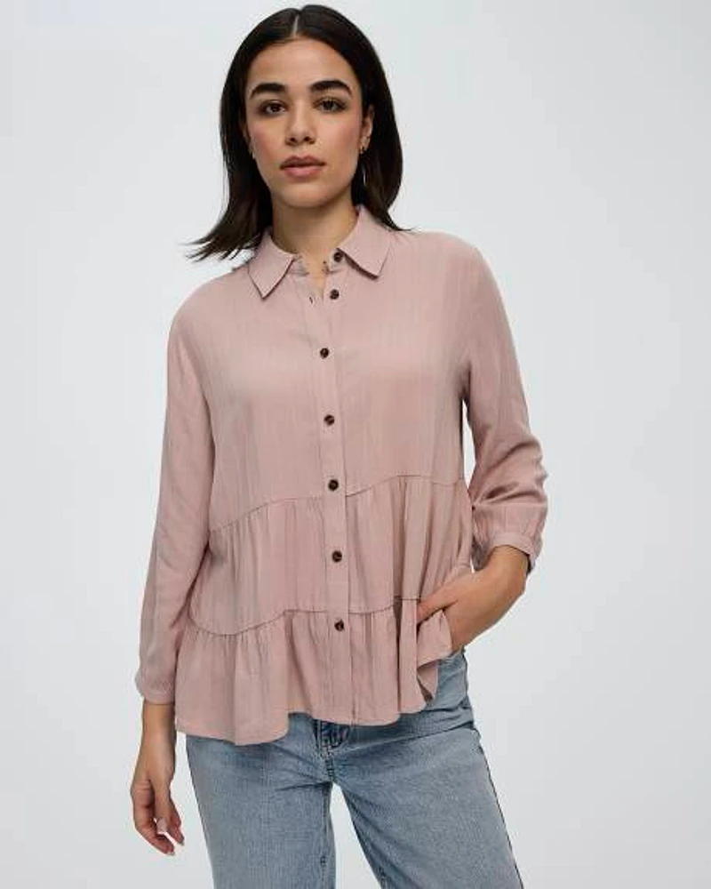 Long-Sleeve Buttoned-Down Peplum Blouse