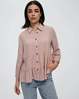 Long-Sleeve Buttoned-Down Peplum Blouse