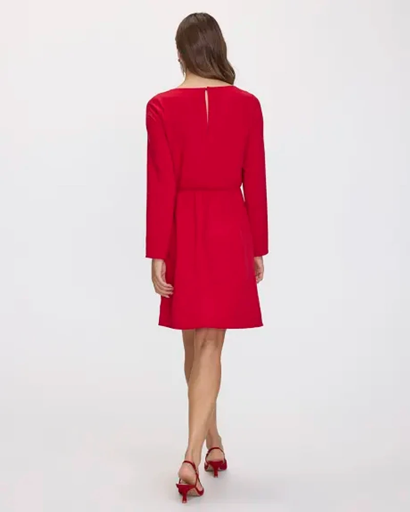 Long-Sleeve Boat-Neck Dress with Knot Detail