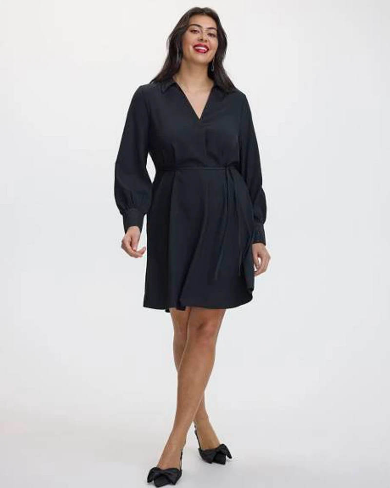 Long-Sleeve Shift Dress with Shirt Collar