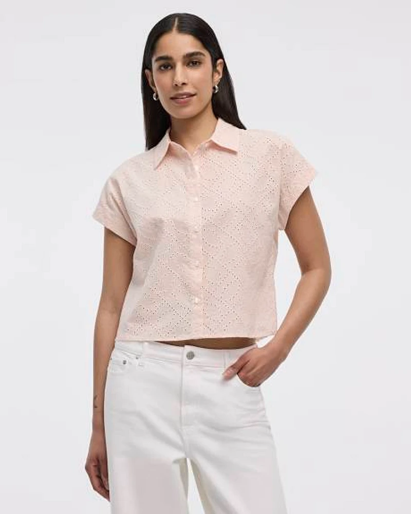 Short-Sleeve Eyelet Top with Shirt Collar