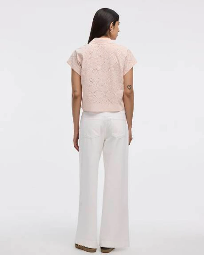 Short-Sleeve Eyelet Top with Shirt Collar