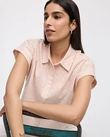 Short-Sleeve Eyelet Top with Shirt Collar