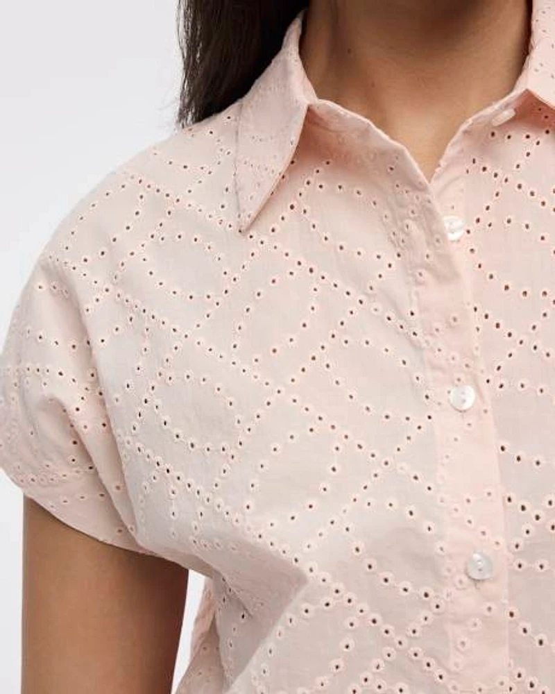Short-Sleeve Eyelet Top with Shirt Collar