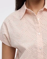Short-Sleeve Eyelet Top with Shirt Collar