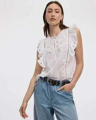 Blouse à col rond et manches très courtes avec broderies