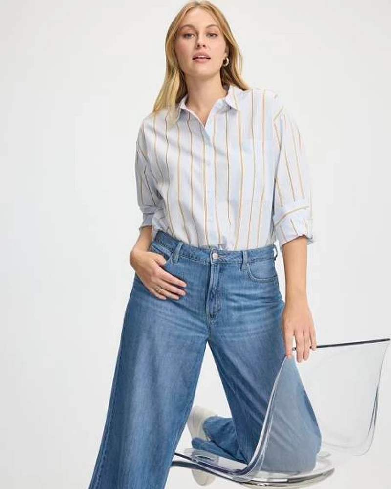 Striped Long-Sleeve Buttoned-Down Blouse with Chest Pocket