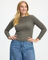 Long-Sleeve Boat-Neck Ribbed Top