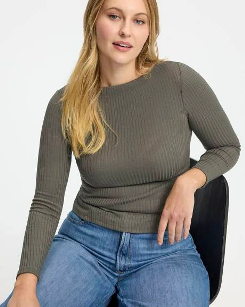 Long-Sleeve Boat-Neck Ribbed Top