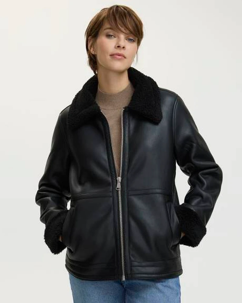 Faux Leather Jacket with Shearling Lining