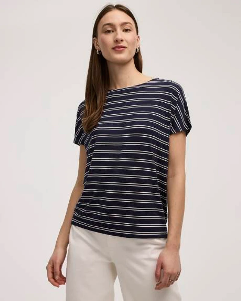 Striped Short-Dolman-Sleeve Boat-Neck T-Shirt