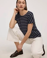 Striped Short-Dolman-Sleeve Boat-Neck T-Shirt