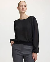 Long-Sleeve Crew-Neck Blouse with Smocked Hem