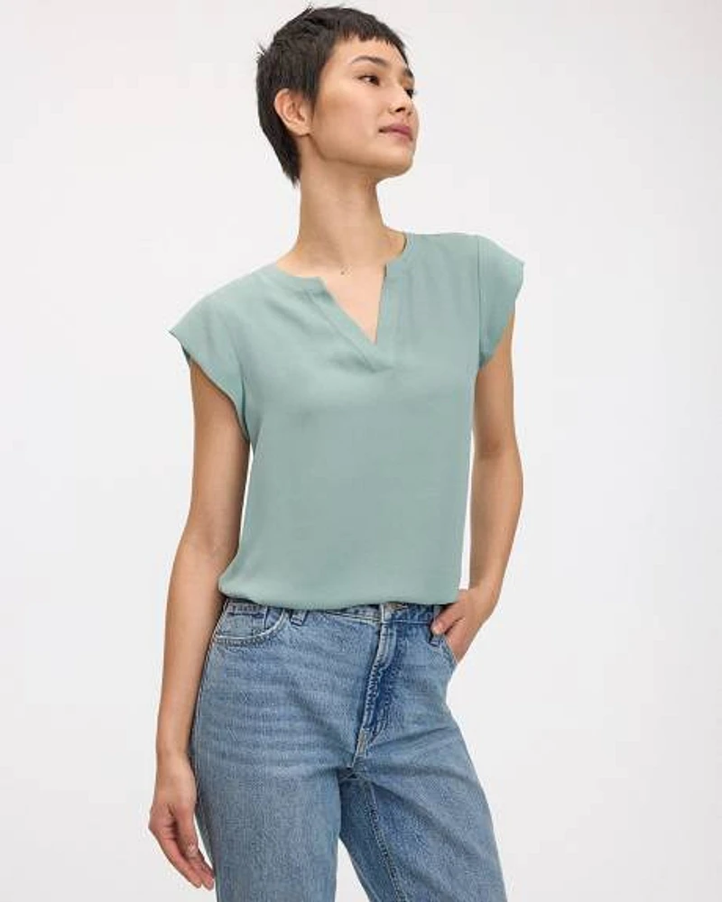 Cap Sleeve Split Neck Blouse