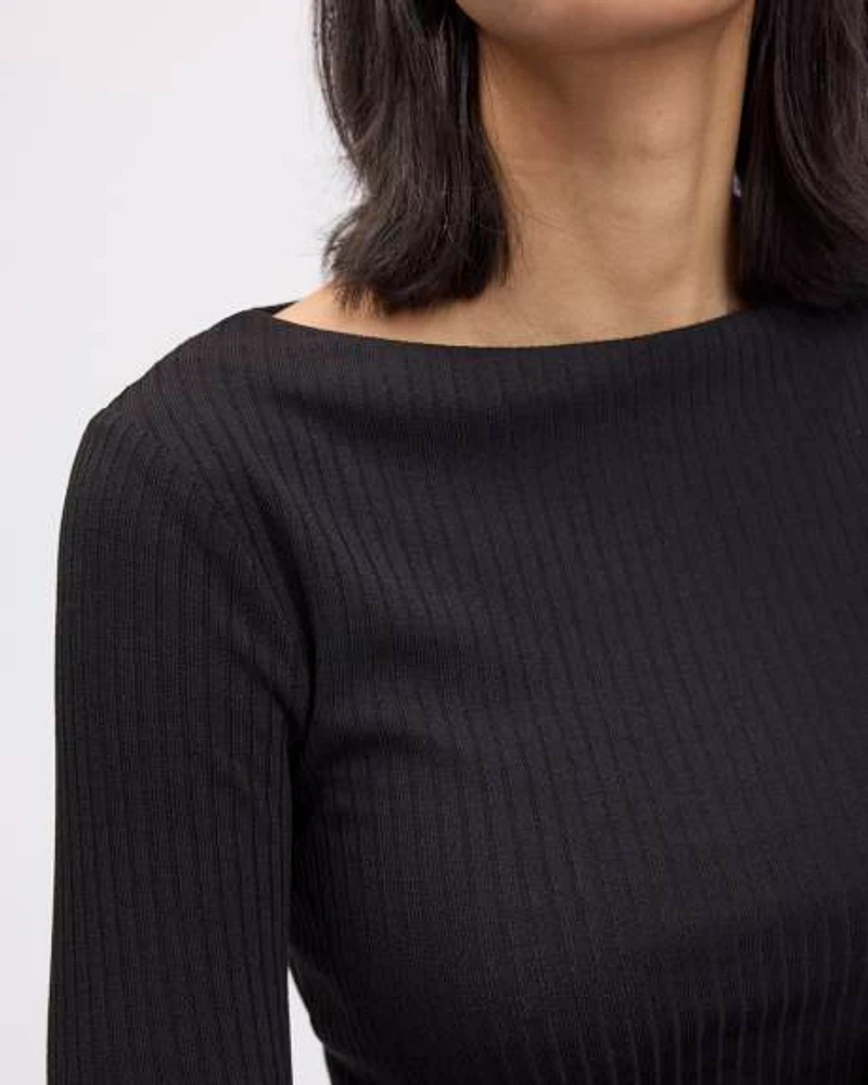 Long-Sleeve Boat-Neck Ribbed Top