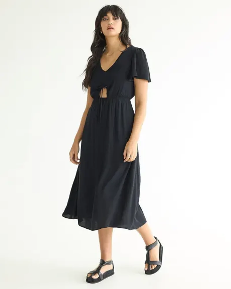 Short-Flutter-Sleeve Midi Dress with Front Cut-Out