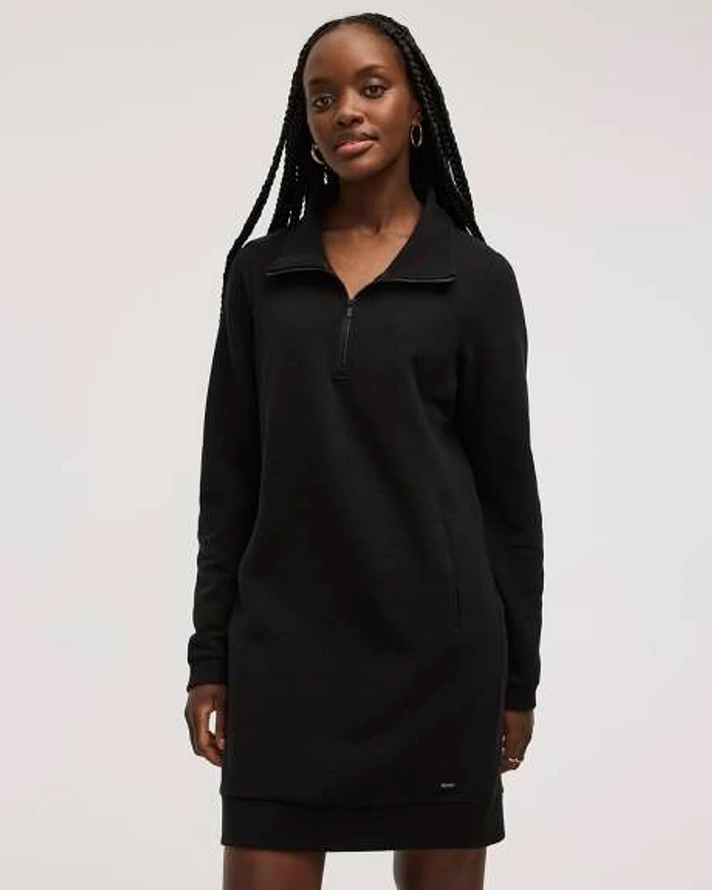 Long-Sleeve Ottoman-Knit Dress with Half-Zip