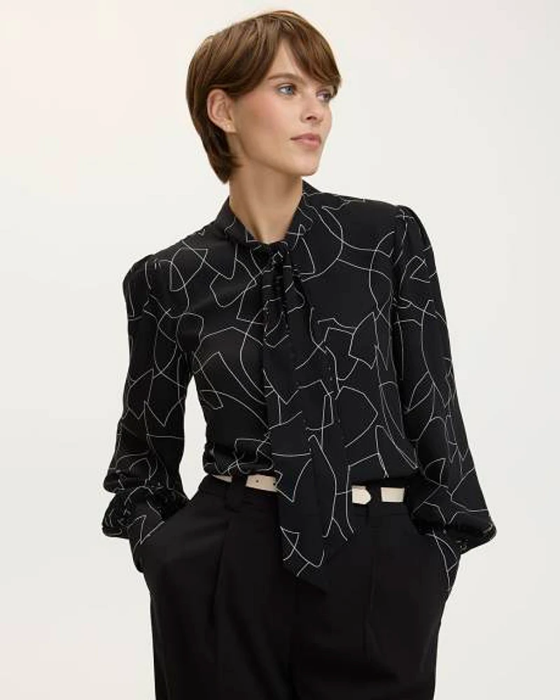 Long-Sleeve Blouse with Bow at Neckline