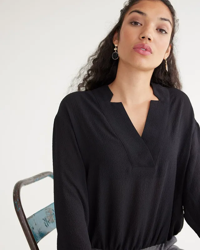 3/4-Sleeve Blouse with V Neckline and Notch Collar