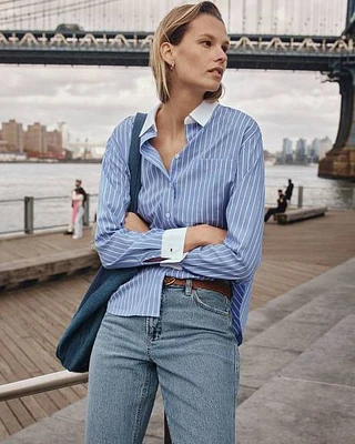 Striped Long-Sleeve Buttoned-Down Blouse with Chest Pocket