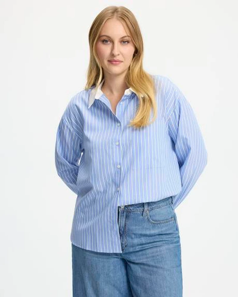 Striped Long-Sleeve Buttoned-Down Blouse with Chest Pocket