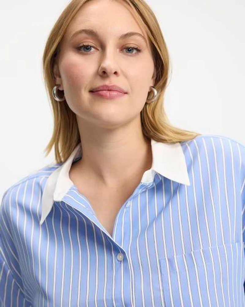 Striped Long-Sleeve Buttoned-Down Blouse with Chest Pocket