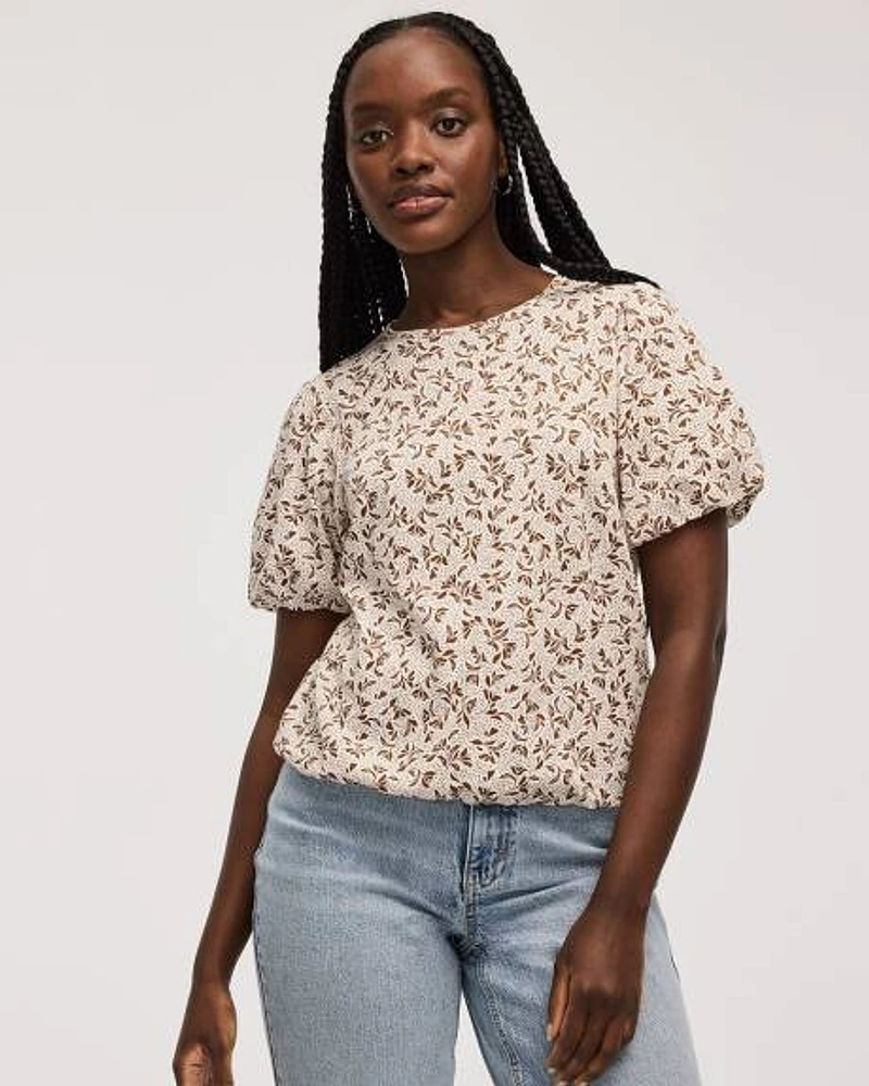 Cropped Short-Balloon-Sleeve Crew-Neck Top
