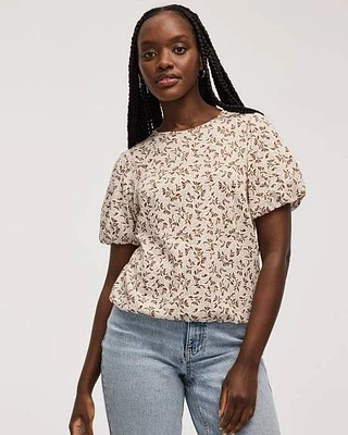Cropped Short-Balloon-Sleeve Crew-Neck Top