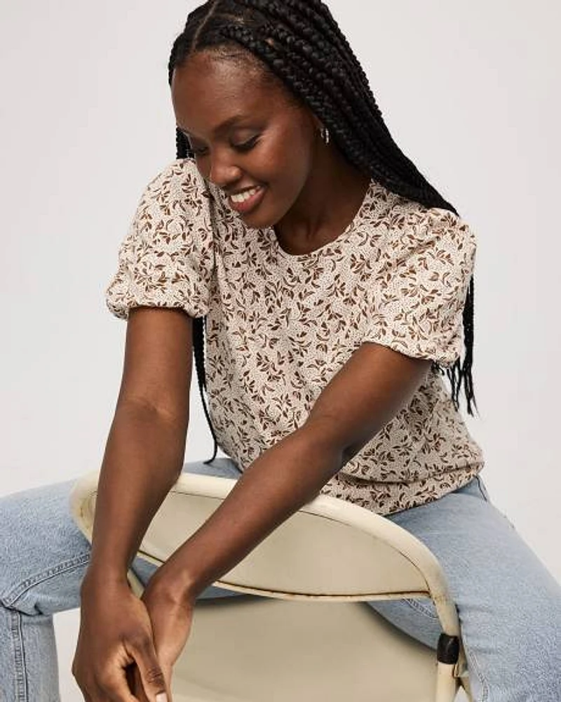Cropped Short-Balloon-Sleeve Crew-Neck Top